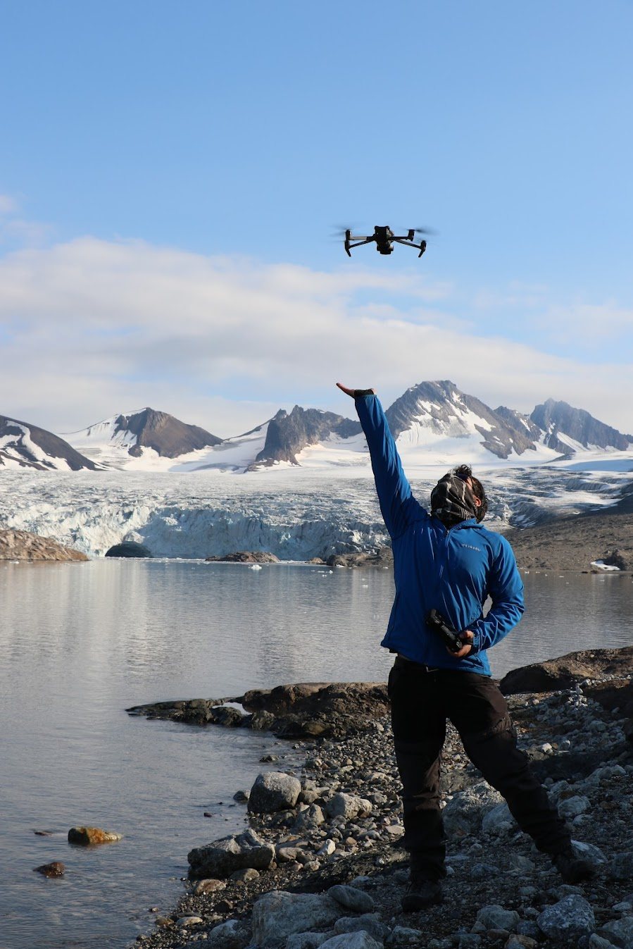 Rafael launching a UAV for photogrammetry by a glacier